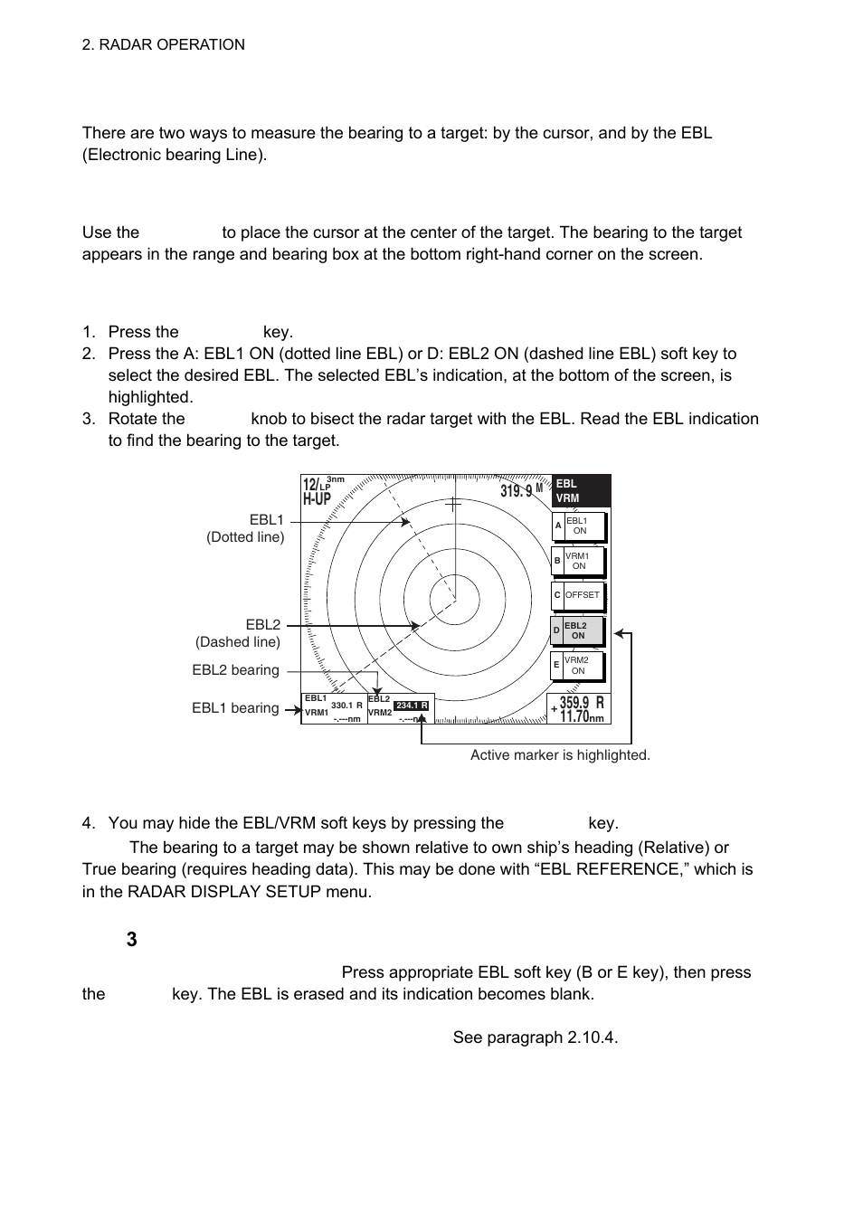 11 measuring the bearing, 1 measuring bearing by cursor, 2 measuring bearing by ebl | 3 various ebl operations, 12/ h-up | Furuno 1834C-BB User Manual | Page 37 / 233