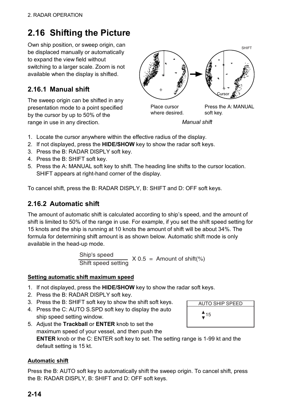16 shifting the picture, 1 manual shift, 2 automatic shift | Furuno 1834C-BB User Manual | Page 41 / 233