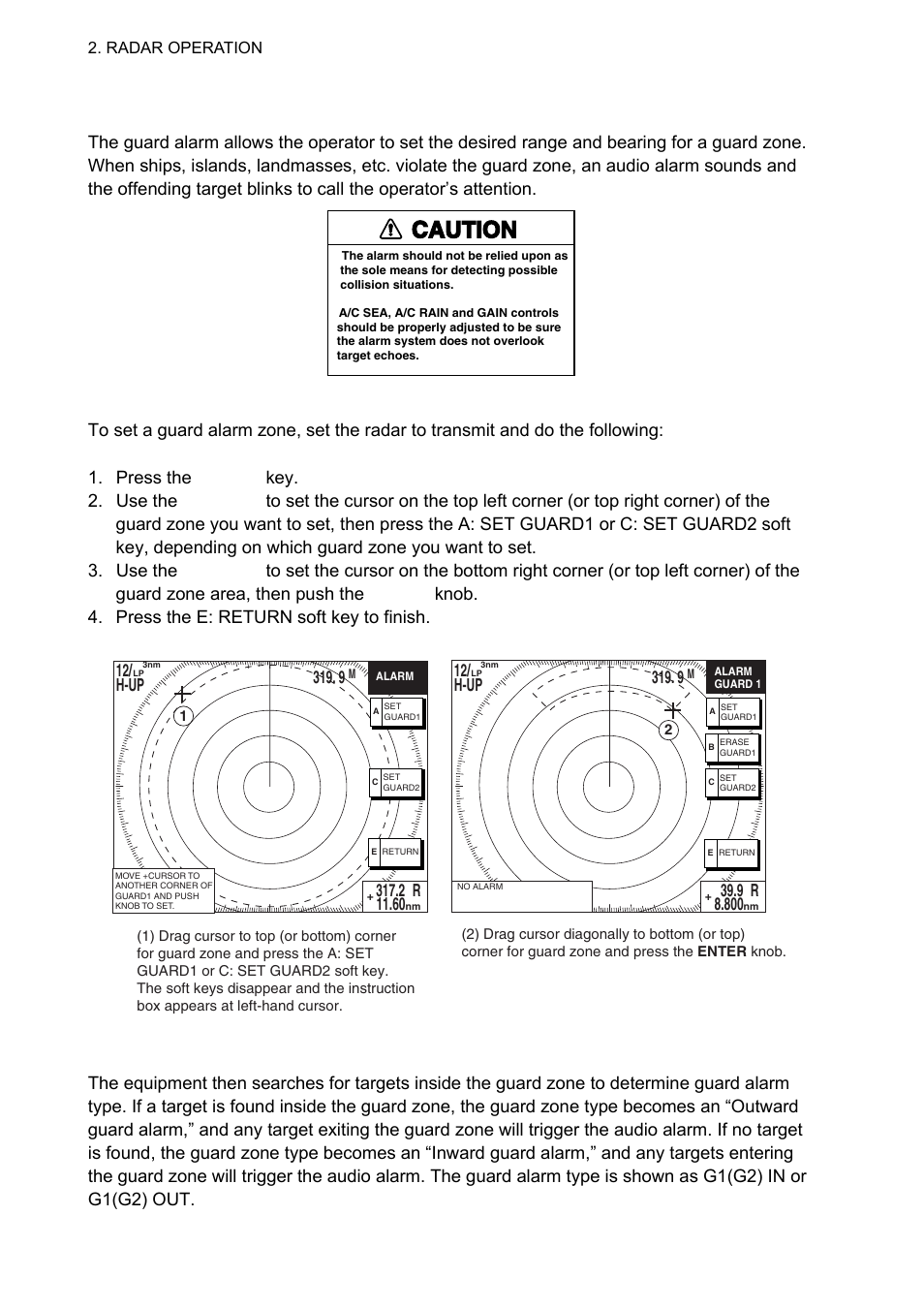 22 guard alarm, Caution, 1 setting a guard alarm zone | 12/ h-up | Furuno 1834C-BB User Manual | Page 49 / 233