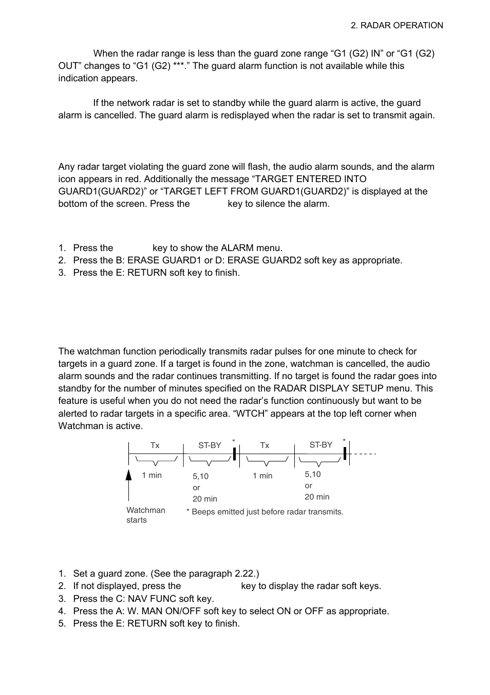 23 watchman, 2 when the alarm is violated, 3 cancelling the guard alarm | 1 how watchman works, 2 turning on/off watchman | Furuno 1834C-BB User Manual | Page 50 / 233