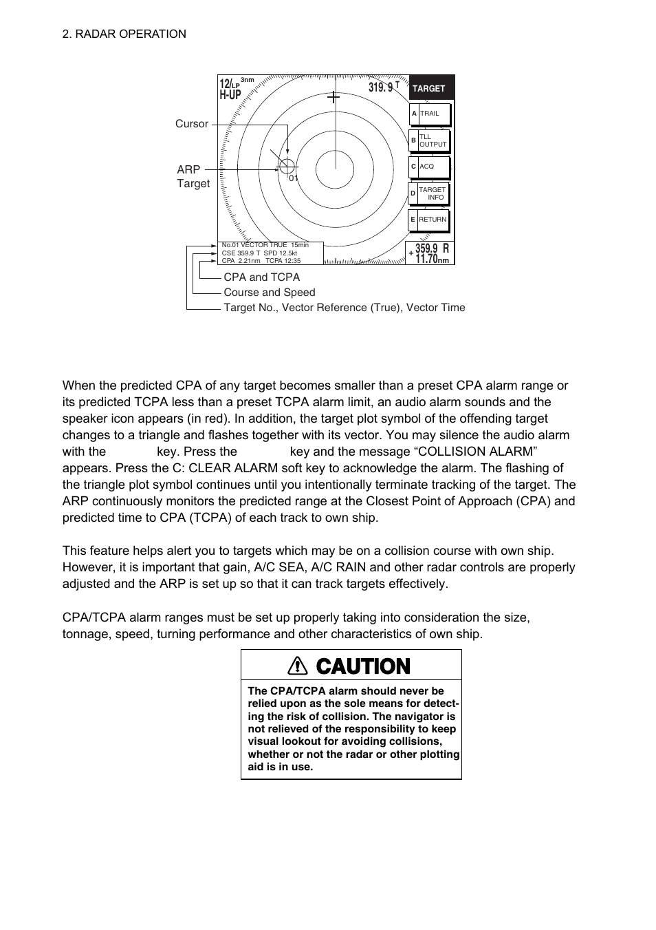 Caution, 8 cpa/tcpa alarm (arp), 12/ h-up | Arp target data | Furuno 1834C-BB User Manual | Page 59 / 233