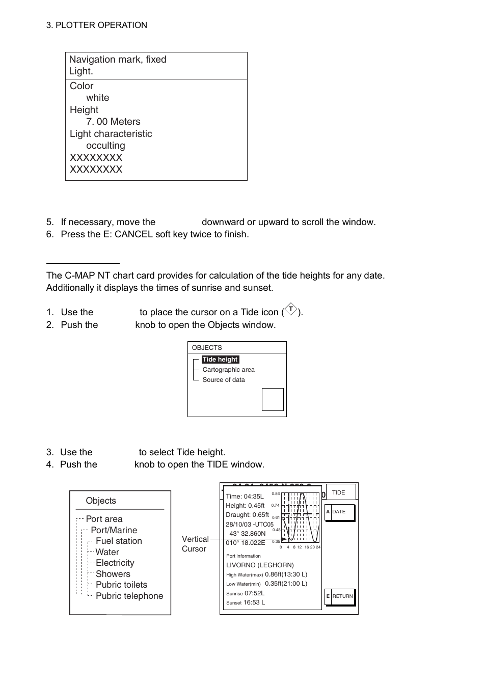 Push the enter knob to open the objects window, Tide window | Furuno 1834C-BB User Manual | Page 79 / 233
