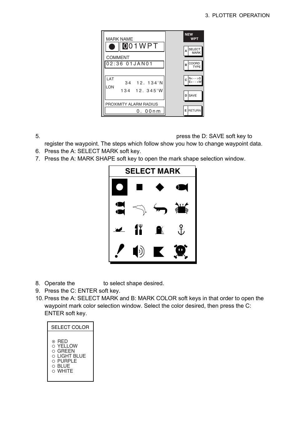 Select mark, 0 0 1 w p t, Waypoint mark color selection window | Furuno 1834C-BB User Manual | Page 90 / 233