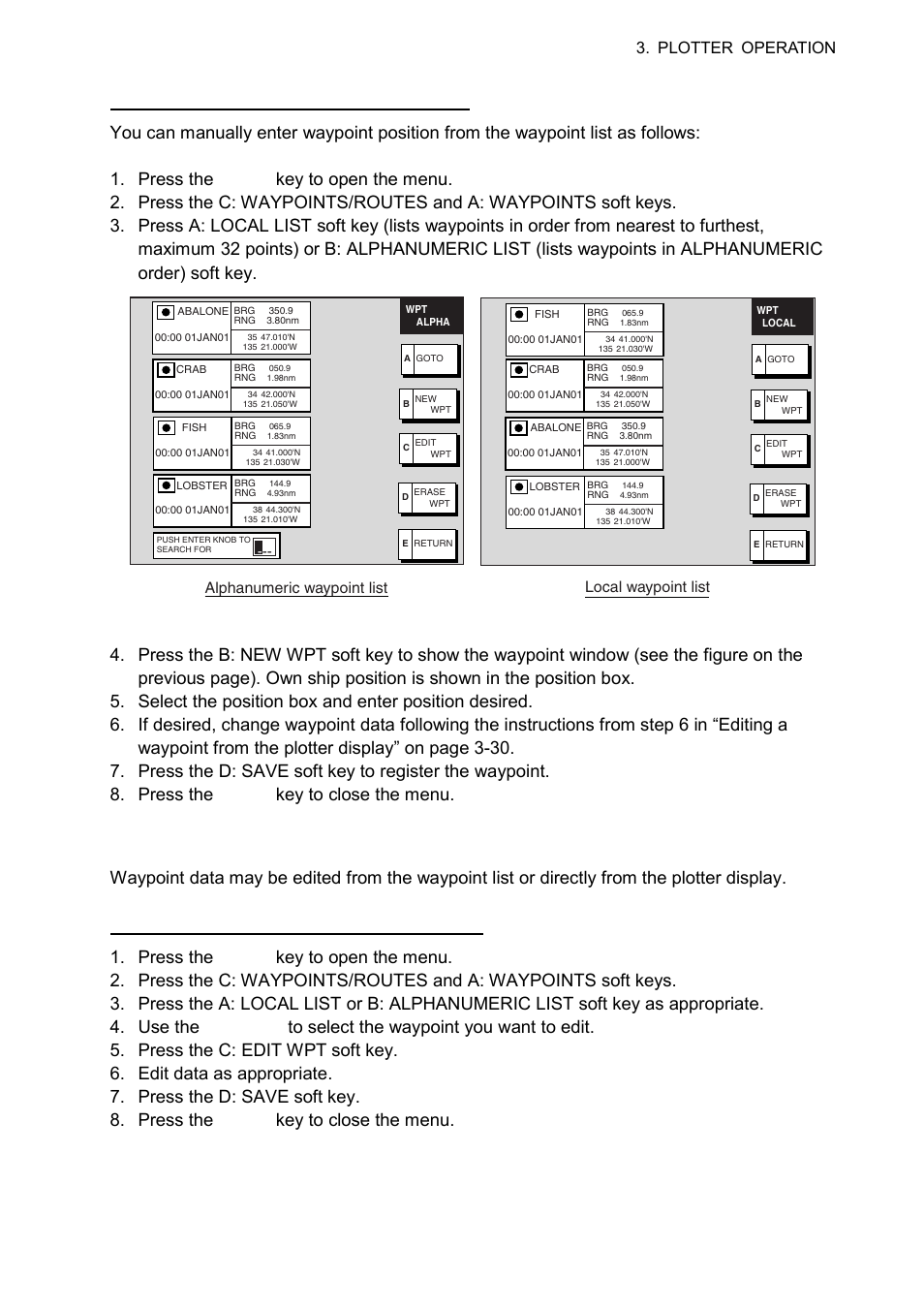 2 editing waypoint data, Plotter operation, Alphanumeric waypoint list local waypoint list | Furuno 1834C-BB User Manual | Page 92 / 233