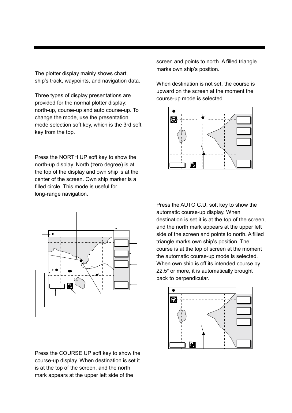 Plotter displays, 1 presentation modes, North-up | Course-up, Auto course-up, Plotter display, north-up mode, Plotter display, course-up mode, Auto course-up mode | Furuno GP-1850WDF User Manual | Page 29 / 115