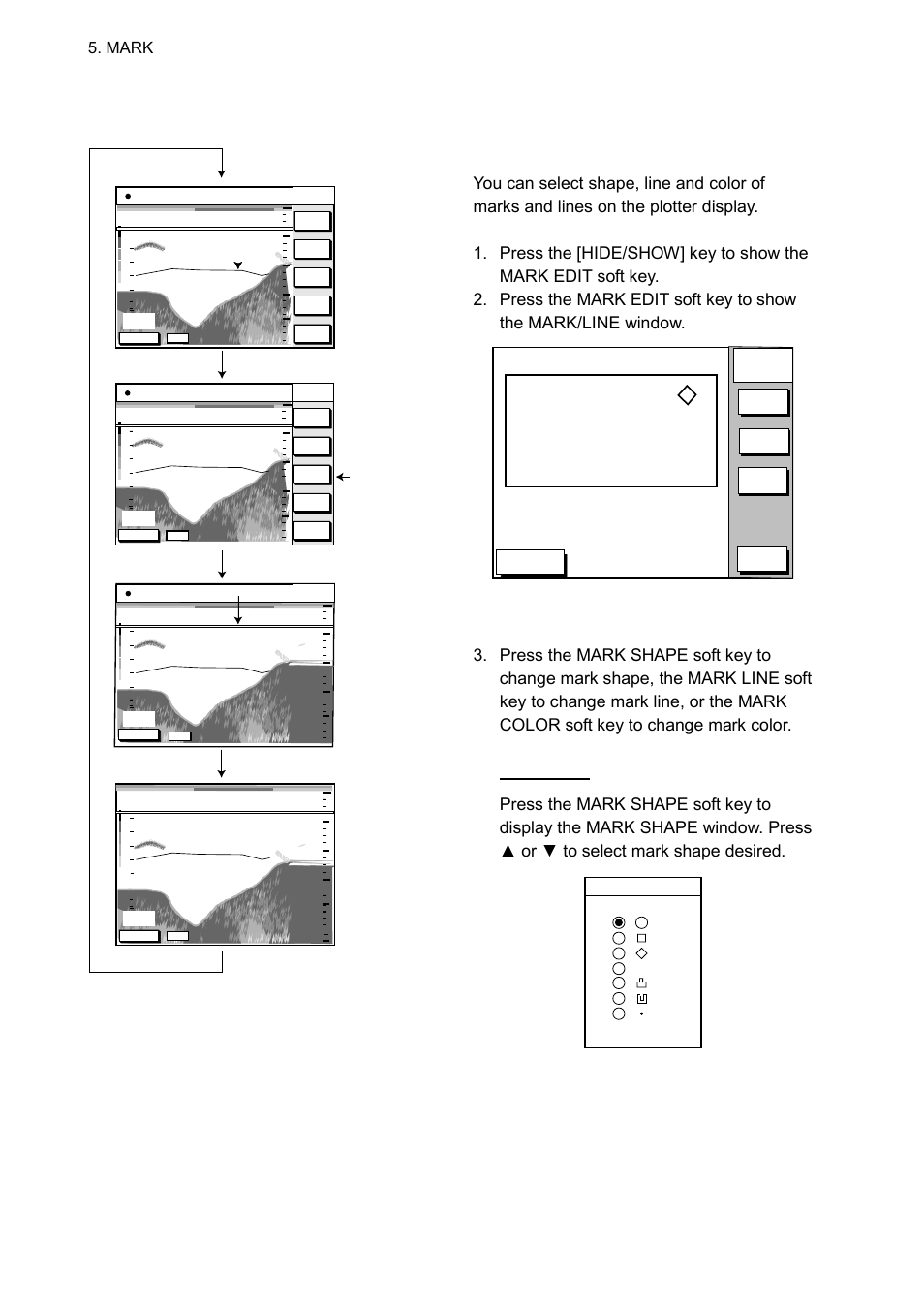 2 changing mark attributes, Video sounder display, Changing displays (video sounder display) | Mark shape window, Mark, Mark shape | Furuno GP-1850WDF User Manual | Page 44 / 115