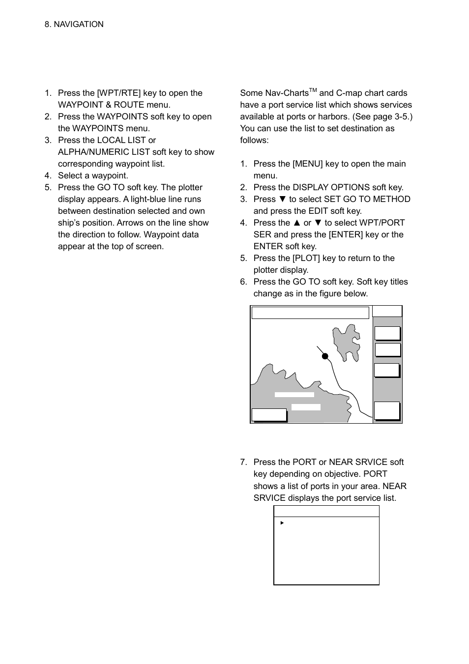 2 navigating to waypoints (waypoint list), 3 navigating to ports, port services | Furuno GP-1850WDF User Manual | Page 60 / 115