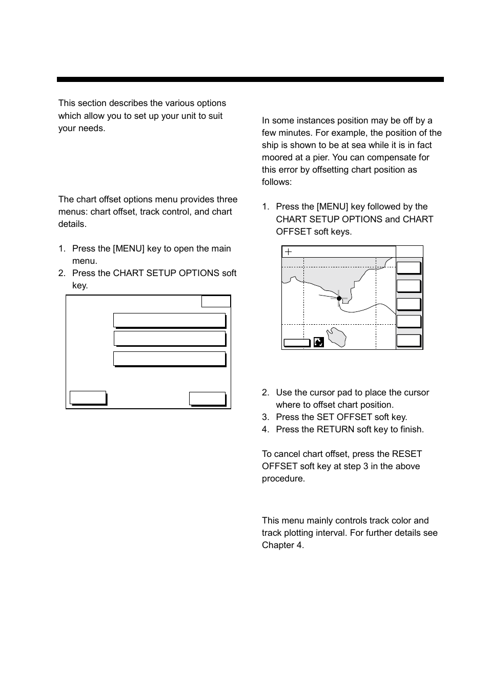 Customizing your unit, 1 chart setup options menu, Chart offset menu | Track control menu | Furuno GP-1850WDF User Manual | Page 73 / 115