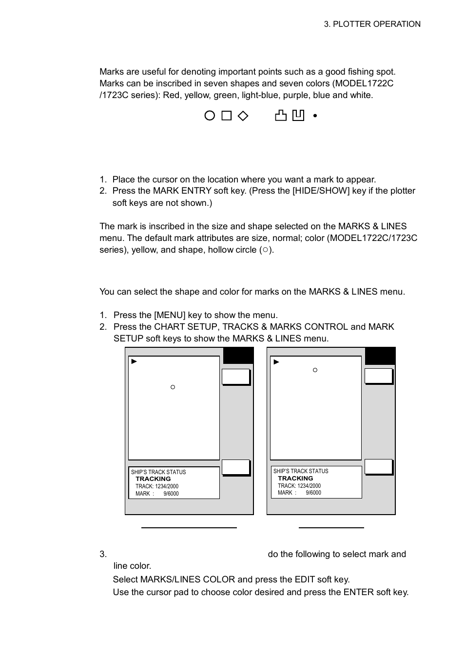 7 marks, lines, 1 entering a mark, 2 changing mark attributes | Furuno 1763C User Manual | Page 109 / 260