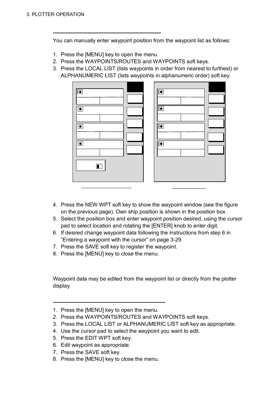 2 editing waypoint data, Plotter operation, Alphanumeric waypoint list | Local waypoint list | Furuno 1763C User Manual | Page 116 / 260