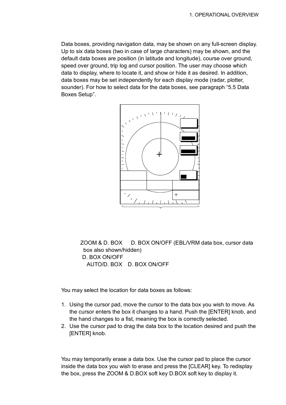 7 data boxes, 1 showing, hiding data boxes with soft key, 2 rearranging data boxes | 3 temporarily erasing a data box, H-up, Plotter display, showing data boxes, Radar: zoom & d. box, D. box on/off | Furuno 1763C User Manual | Page 29 / 260