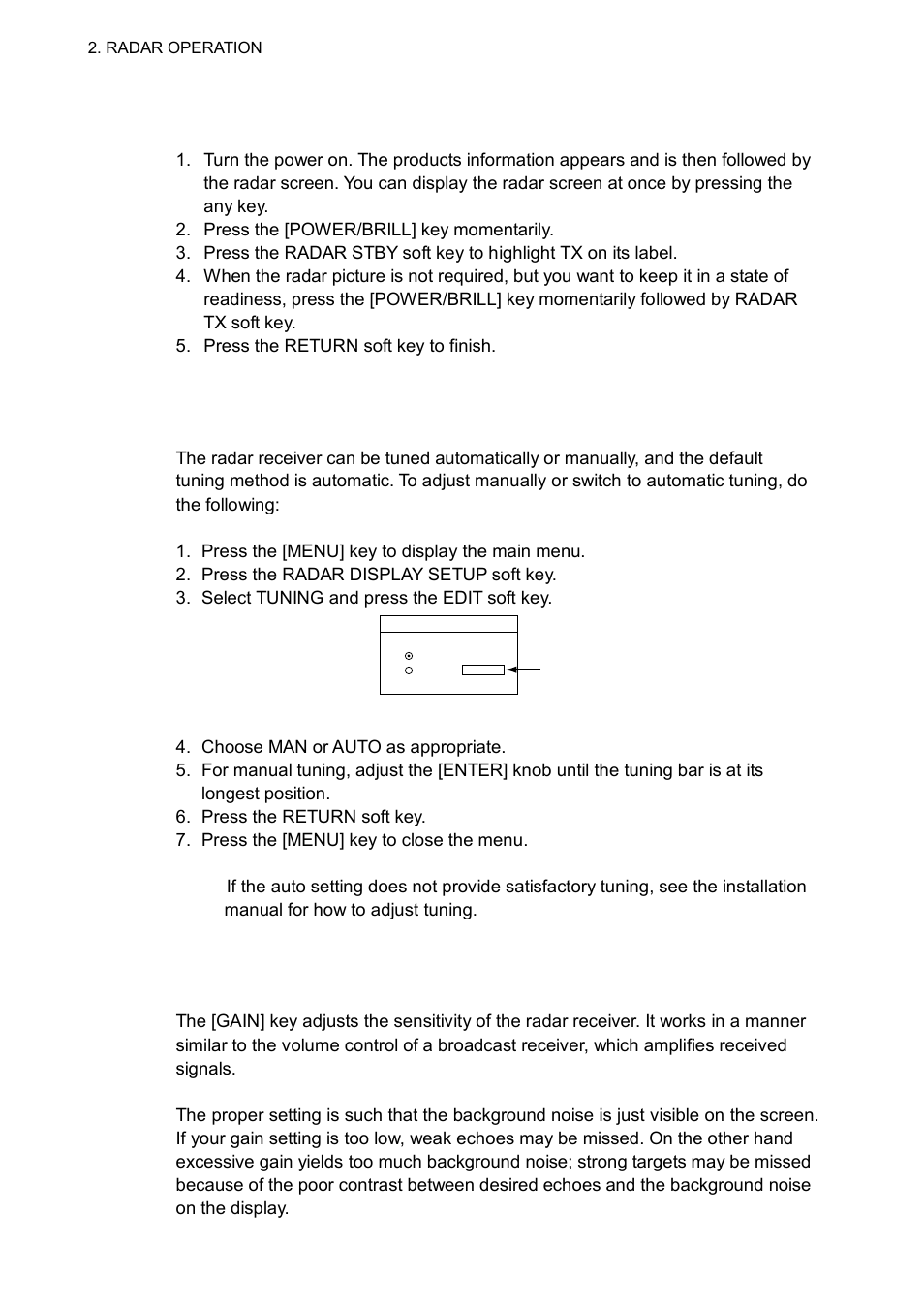 2 transmitting, stand-by, 3 tuning, 4 adjusting the gain | Furuno 1763C User Manual | Page 36 / 260