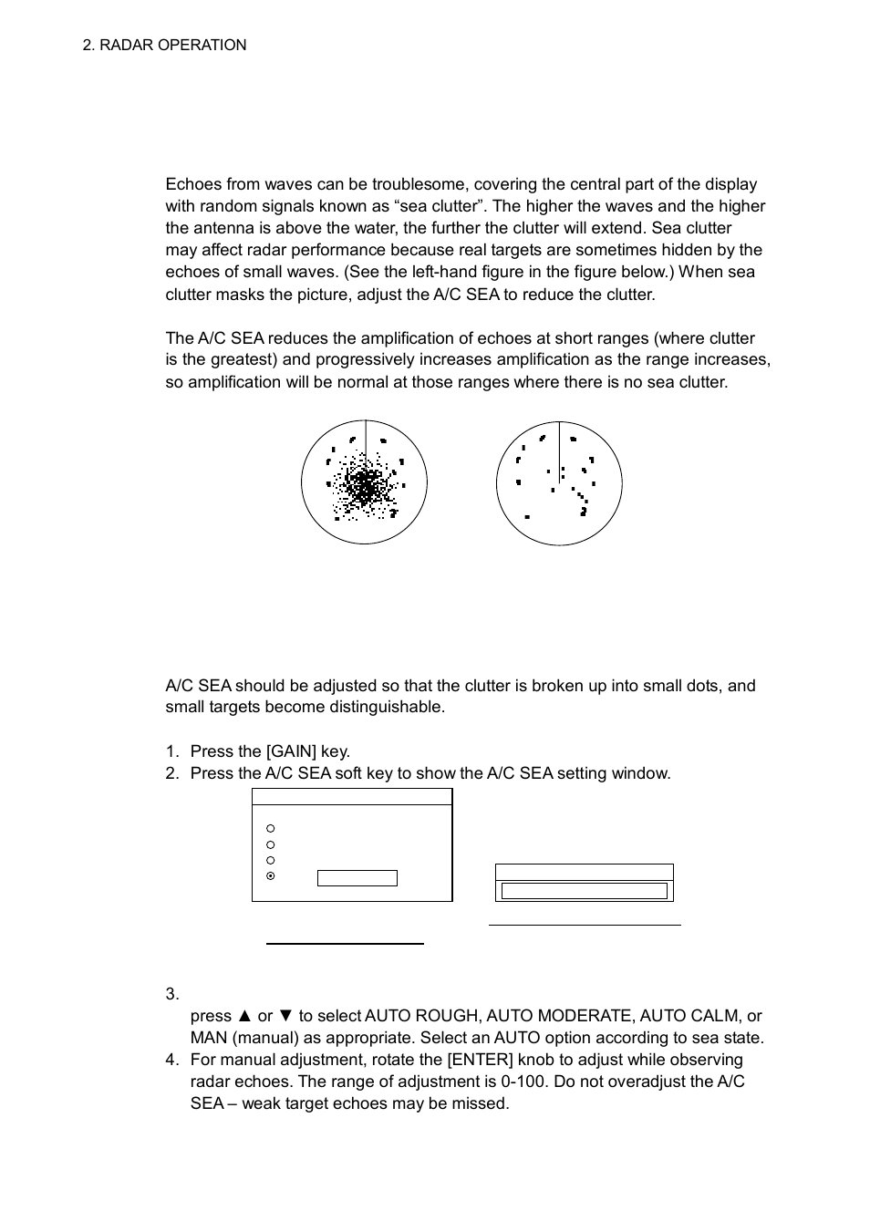 5 reducing sea clutter, 1 how the a/c sea works, 2 adjusting a/c sea | Furuno 1763C User Manual | Page 38 / 260