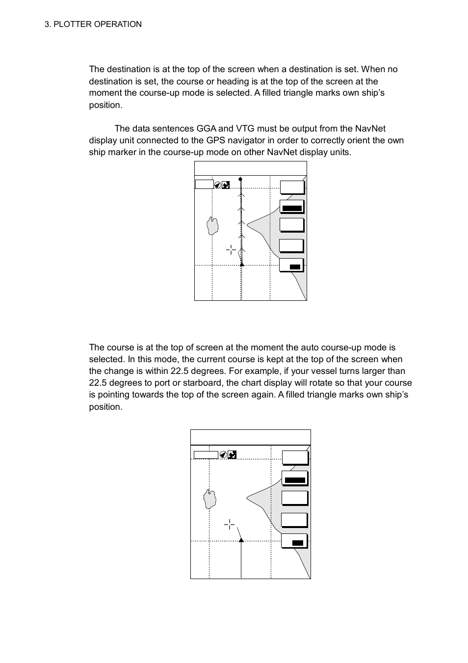 8 3.2.2 course-up, 3 auto course-up, Plotter display, course-up mode, destination set | Plotter display, auto course-up mode, Plotter operation | Furuno 1763C User Manual | Page 92 / 260