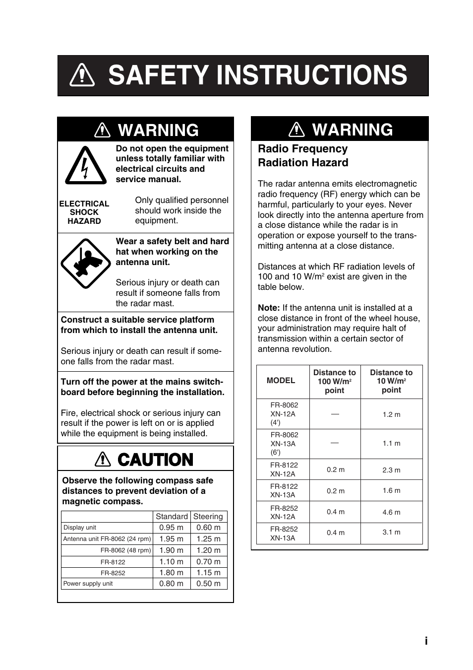 Safety instructions, Warning, Caution | Radio frequency radiation hazard | Furuno MARINERADAR FR-8122 User Manual | Page 3 / 56