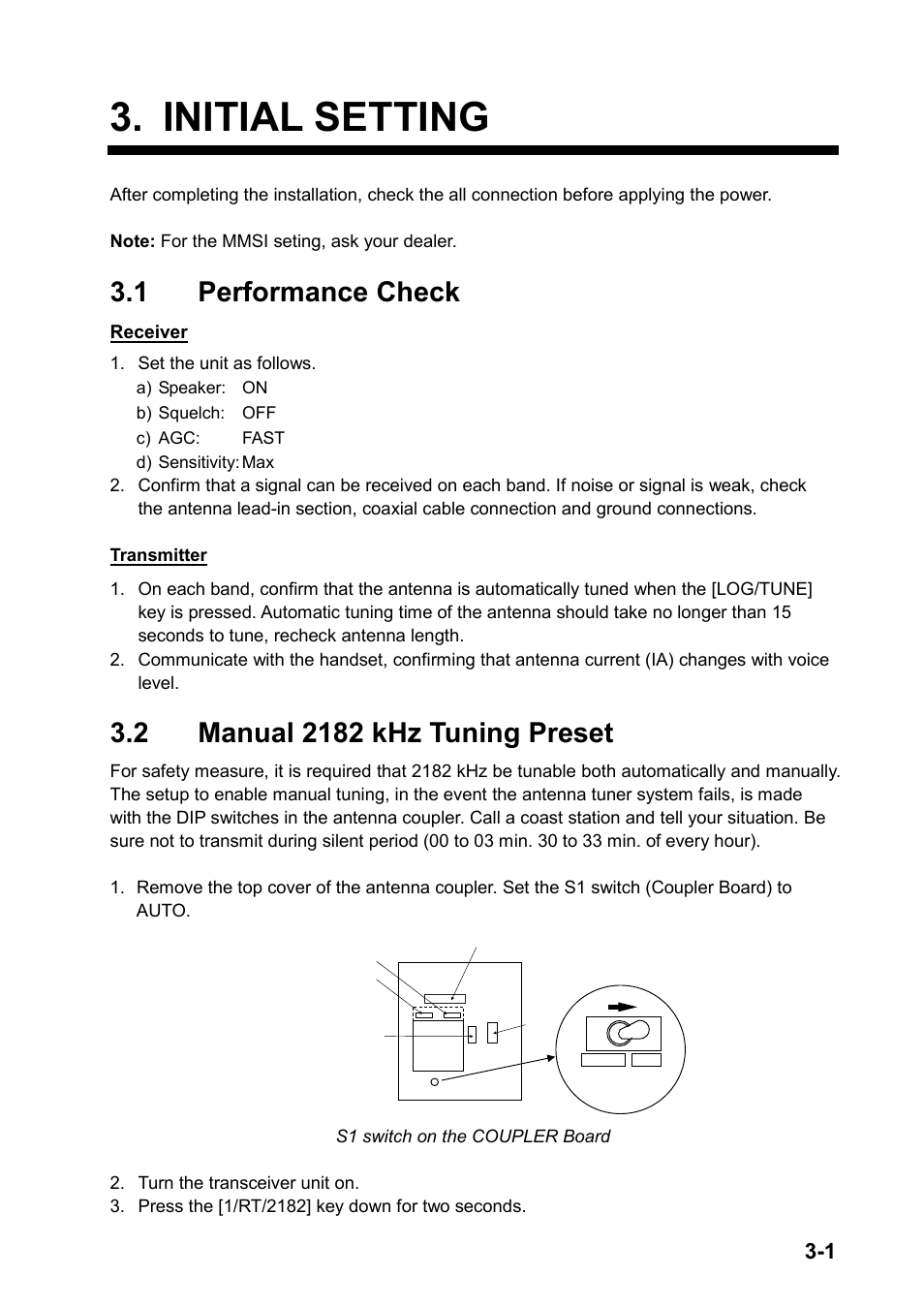Initial setting, 1 performance check, 2 manual 2182 khz tuning preset | Furuno FS-2570 User Manual | Page 35 / 76