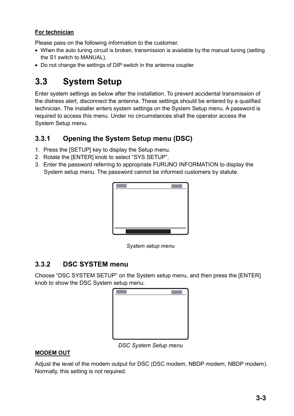 3 systgem setup, 3 system setup, 1 opening the system setup menu (dsc) | 2 dsc system menu | Furuno FS-2570 User Manual | Page 37 / 76