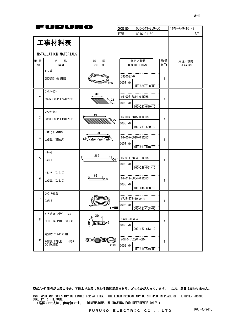 工事材料表, Installation materials | Furuno FS-2570 User Manual | Page 53 / 76