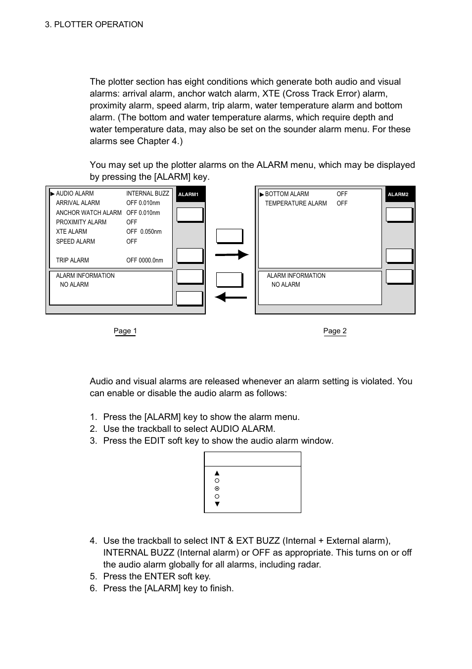 11 alarms, 1 audio alarm on/off, Plotter alarm menu | Furuno 1933C User Manual | Page 138 / 260