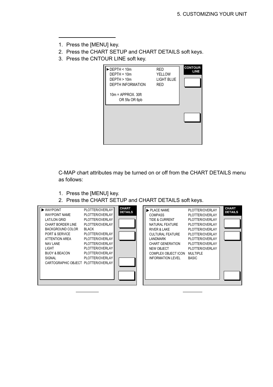 3 c-map chart attributes, Contour line menu (furuno, navcharts, Chart details menu (c-map) | Customizing your unit | Furuno 1933C User Manual | Page 189 / 260