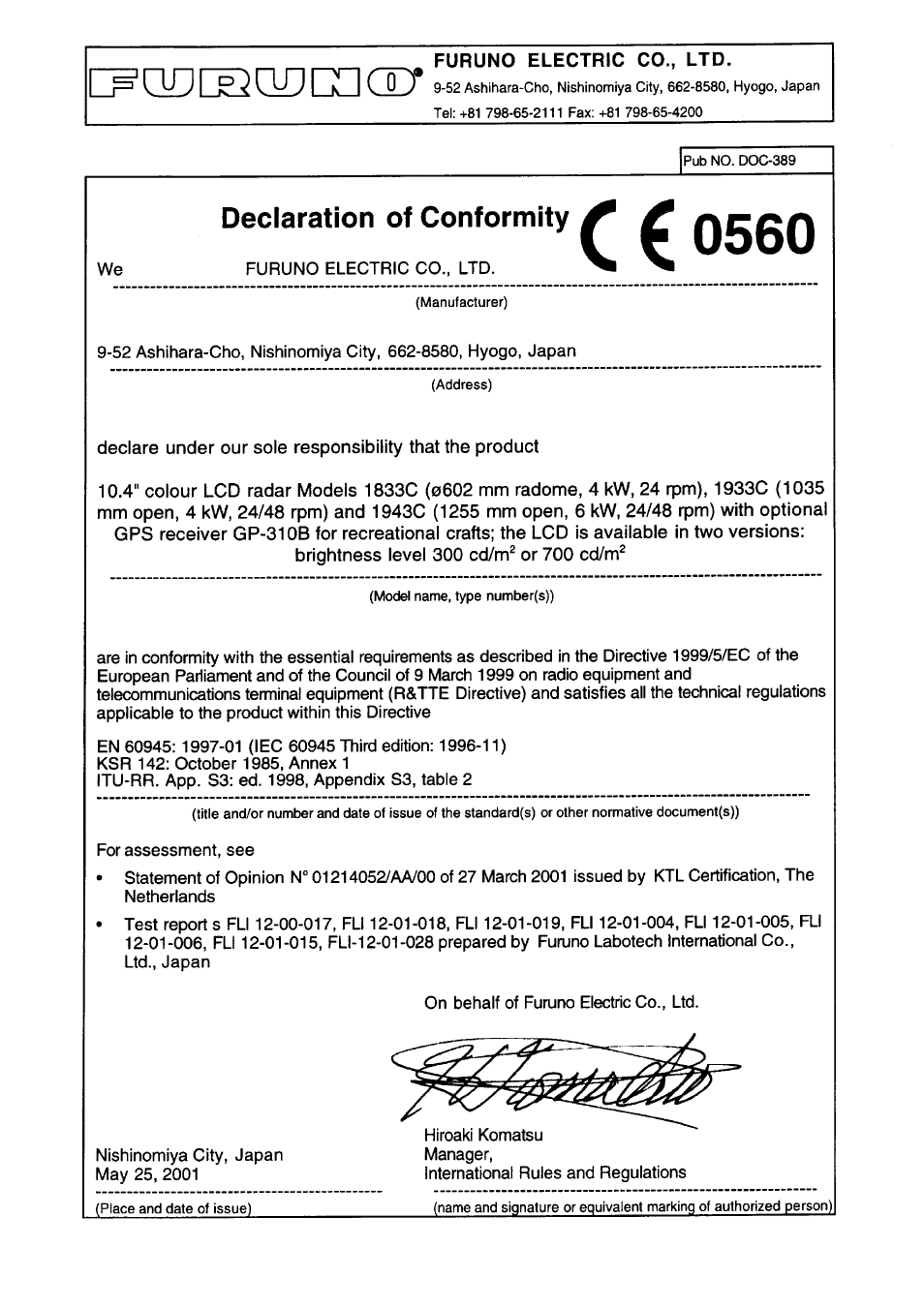 Declaration of conformity | Furuno 1933C User Manual | Page 258 / 260