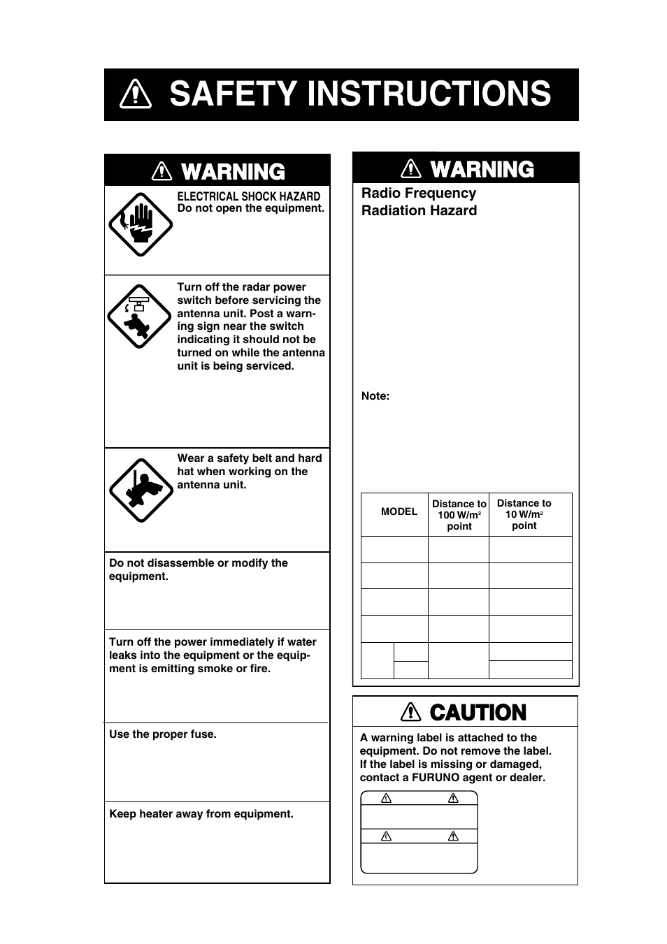 Safety instructions, Warning, Caution | Radio frequency radiation hazard | Furuno 1933C User Manual | Page 3 / 260