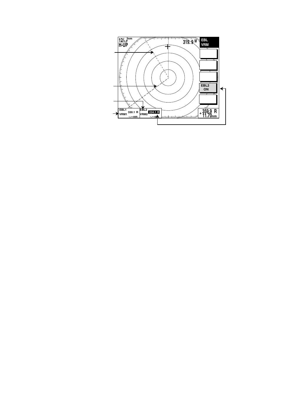 3 erasing an ebl, ebl indication, 4 erasing ebl/vrm data boxes, 5 hiding ebl/vrm data boxes | 6 moving ebl/vrm data boxes, 12/ h-up | Furuno 1933C User Manual | Page 51 / 260