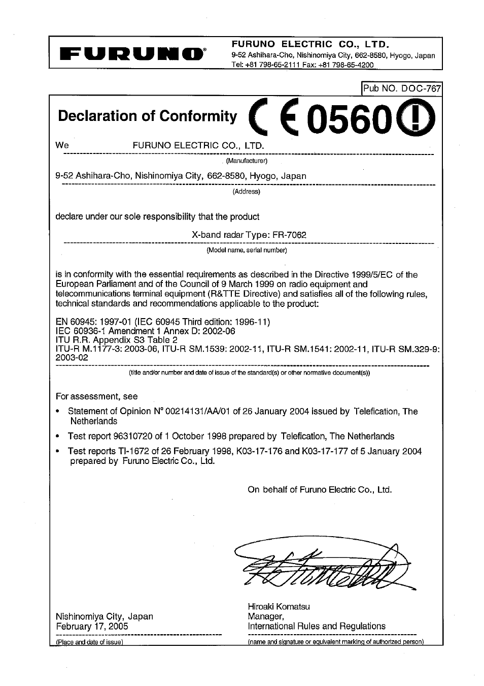 Declaration of conformity | Furuno FR-7112 User Manual | Page 50 / 52