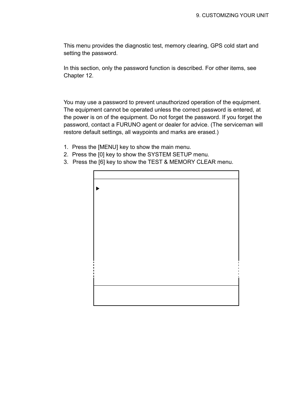 8 test & memory clear menu, 1 setting the password | Furuno GP-3500 User Manual | Page 149 / 192