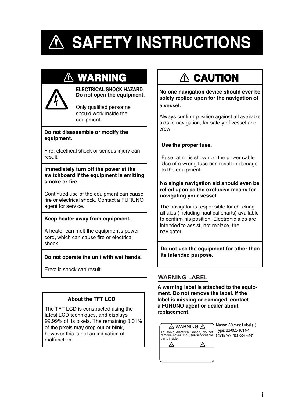 Safety instructions, Warning, Caution | Furuno GP-3500 User Manual | Page 3 / 192