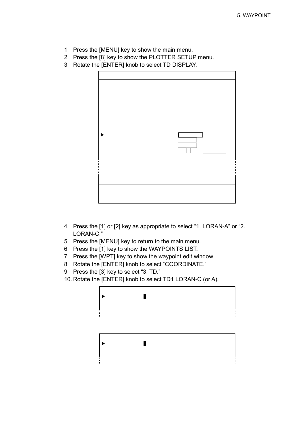 Waypoint edit window (loran-c td), Waypoint edit window (loran-a td) | Furuno GP-3500 User Manual | Page 79 / 192