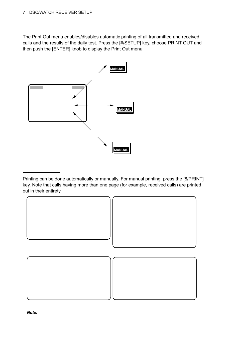 7 print out menu, 7 dsc/watch receiver setup, Print out setup | Sample received message printout (distress), Sample received message printout (individual), Sample send message printout (individual) | Furuno FS-1570 User Manual | Page 124 / 215