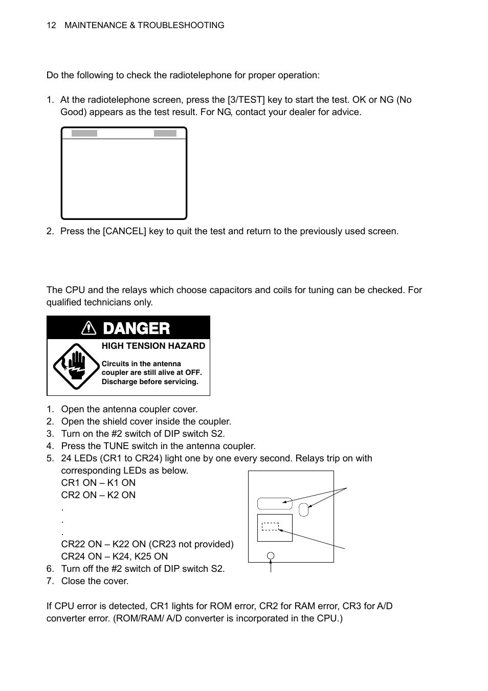 Danger, 2 radiotelephone test, 3 antenna coupler test | Furuno FS-1570 User Manual | Page 168 / 215