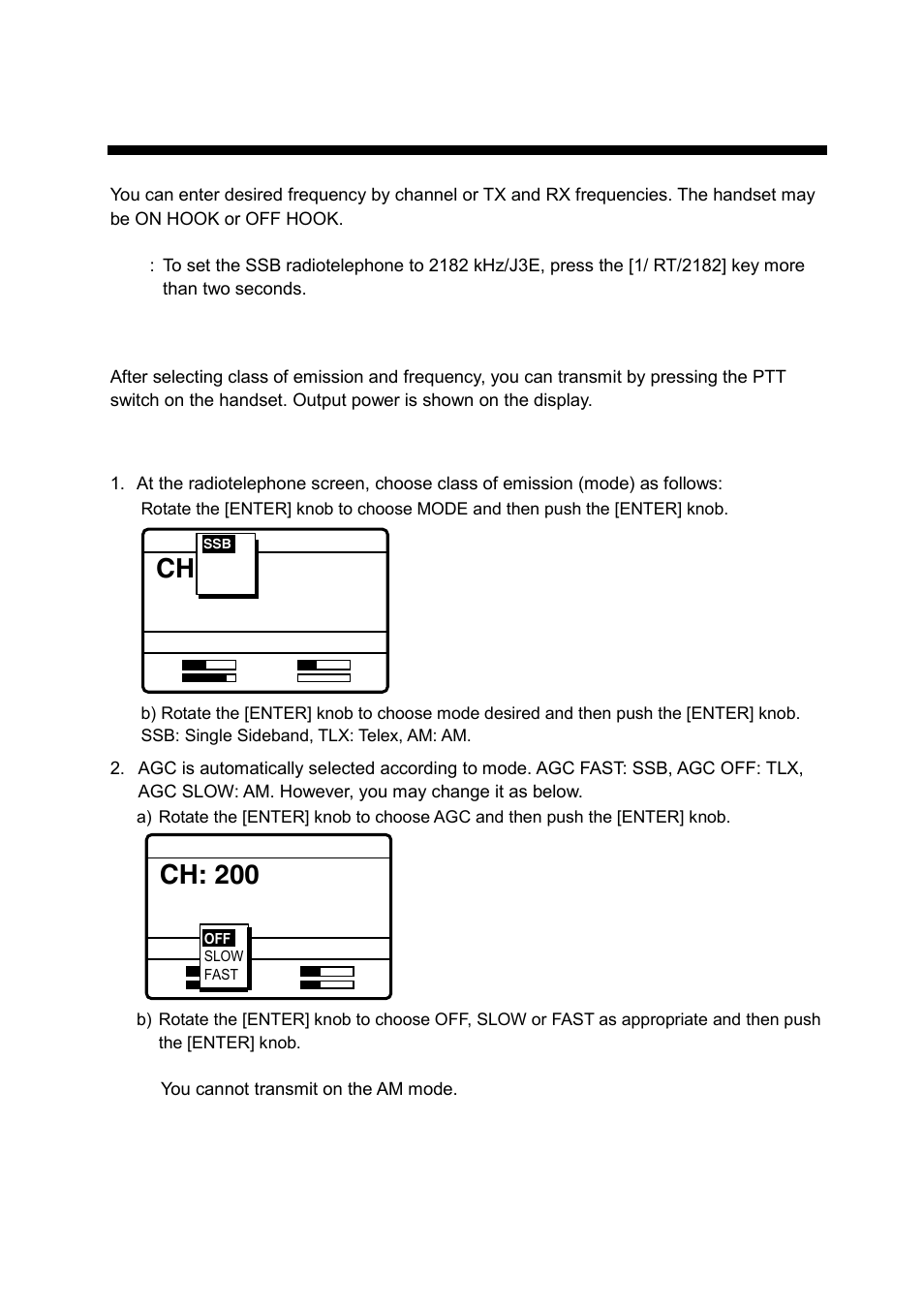 2 ssb radiotelephone, 1 transmitting, Ch: 800 | Ch: 200, 1 choosing class of emission | Furuno FS-1570 User Manual | Page 25 / 215
