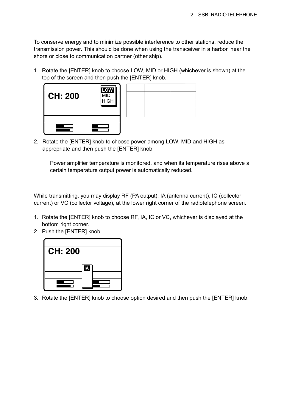 Ch: 200, 5 2.1.6 reducing transmitter power, 7 displaying ia, ic, vc or rf | Furuno FS-1570 User Manual | Page 29 / 215