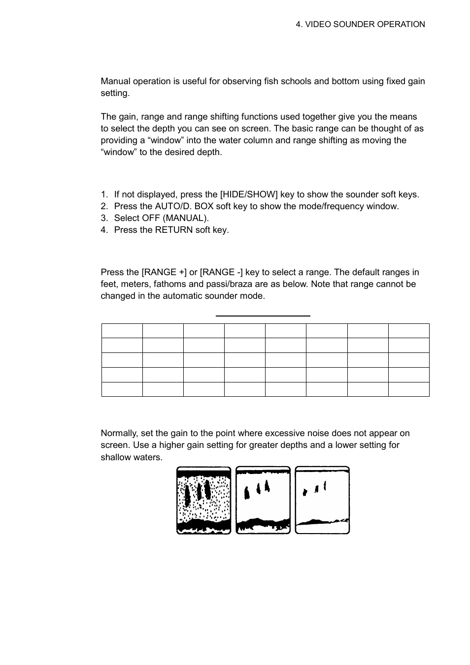 4 manual sounder operation, 1 selecting the manual mode, 2 selecting display range | 3 adjusting the gain | Furuno 1732 User Manual | Page 152 / 252