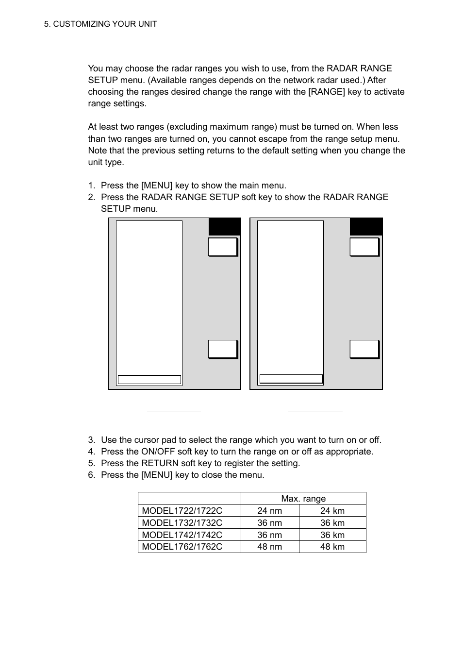 6 5.2.2 radar range setup | Furuno 1732 User Manual | Page 175 / 252