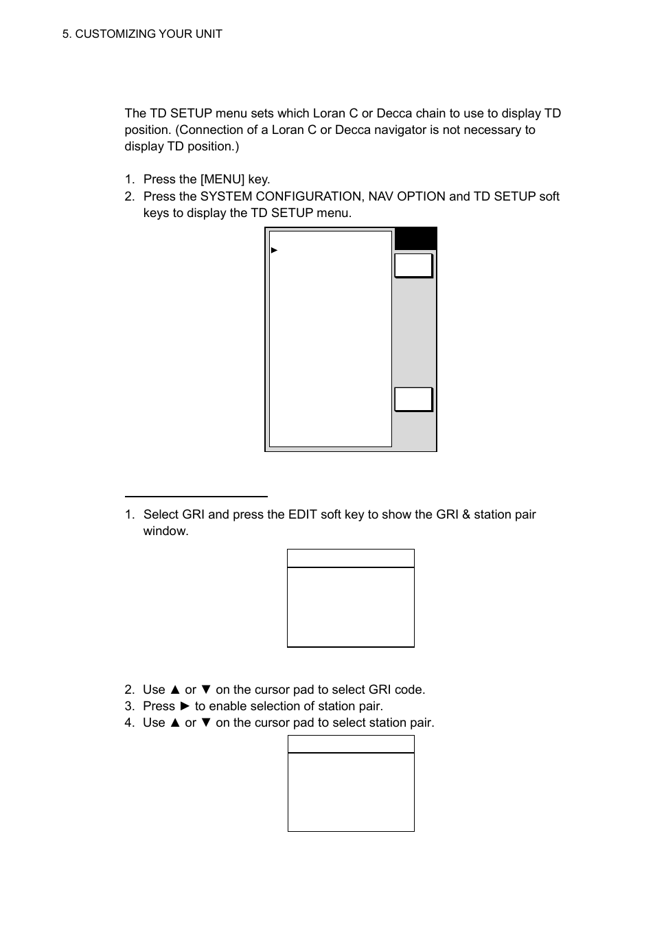 3 td display setup, Select station pair, Loran gri & station pair window | Furuno 1732 User Manual | Page 195 / 252
