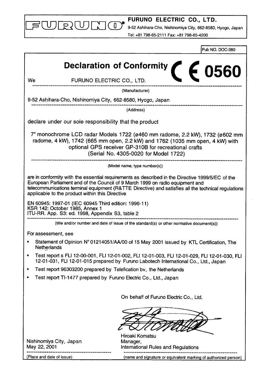 Declaration of conformity | Furuno 1732 User Manual | Page 252 / 252