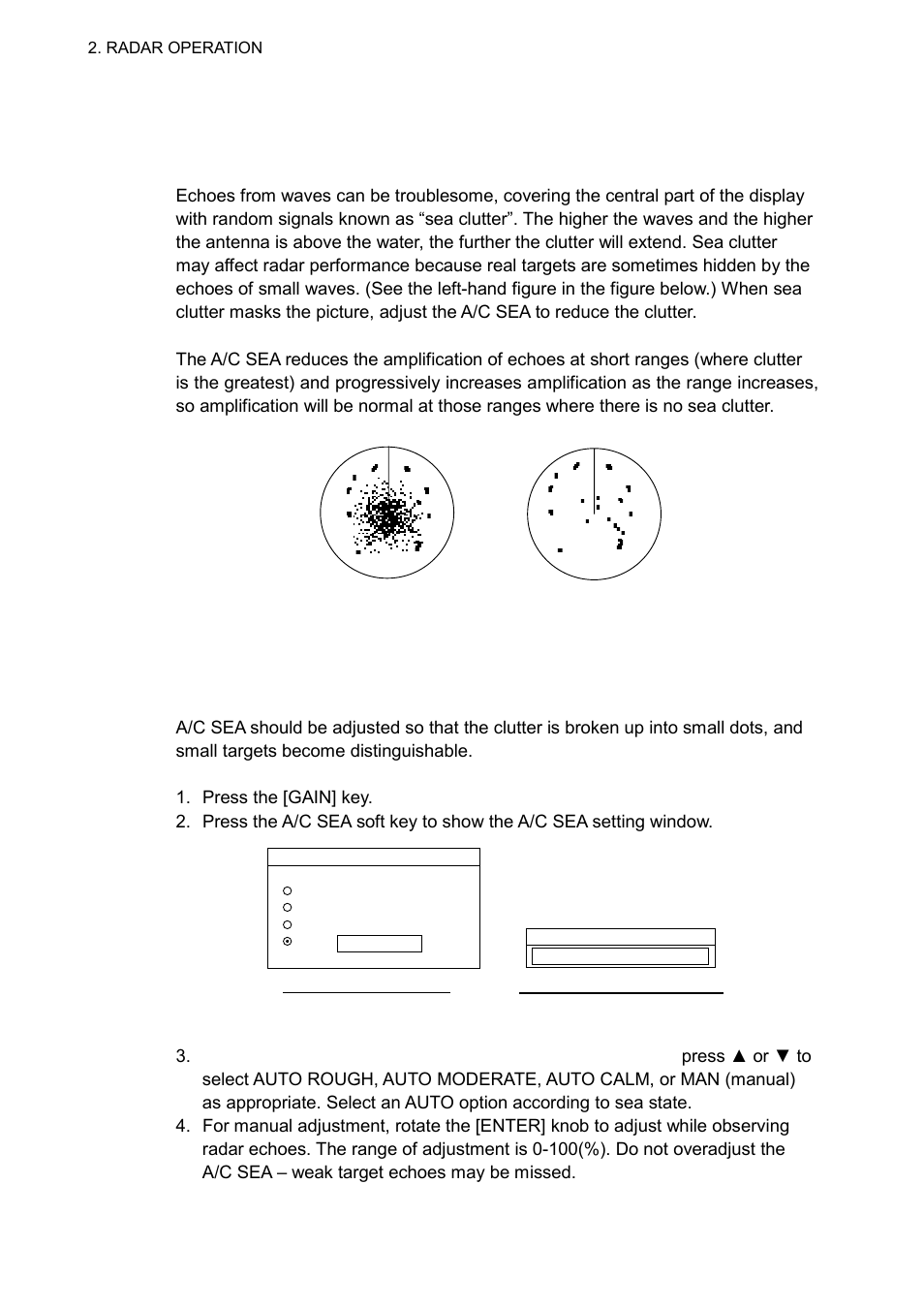 5 reducing sea clutter, 1 how the a/c sea works, 2 adjusting a/c sea | Furuno 1732 User Manual | Page 36 / 252