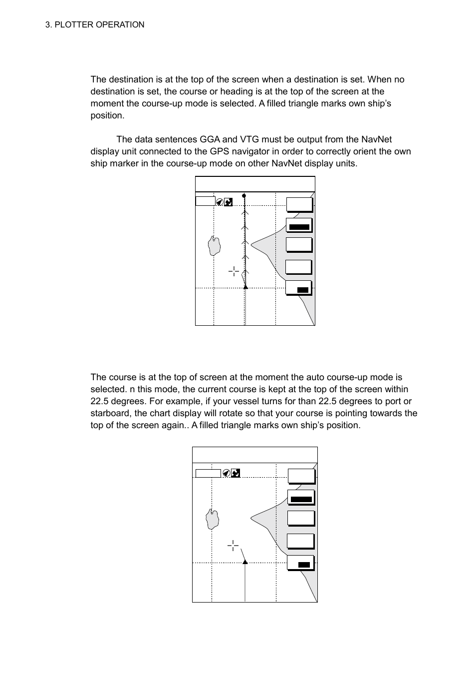 8 3.2.2 course-up, 3 auto course-up, Plotter display, course-up mode, destination set | Plotter display, auto course-up mode, Plotter operation | Furuno 1732 User Manual | Page 90 / 252