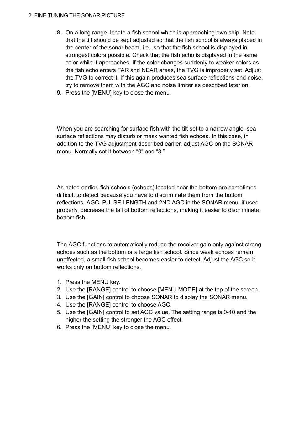 2 displaying surface fish clearly, 3 suppressing bottom tail | Furuno CSH-5L/CSH-8L User Manual | Page 30 / 89