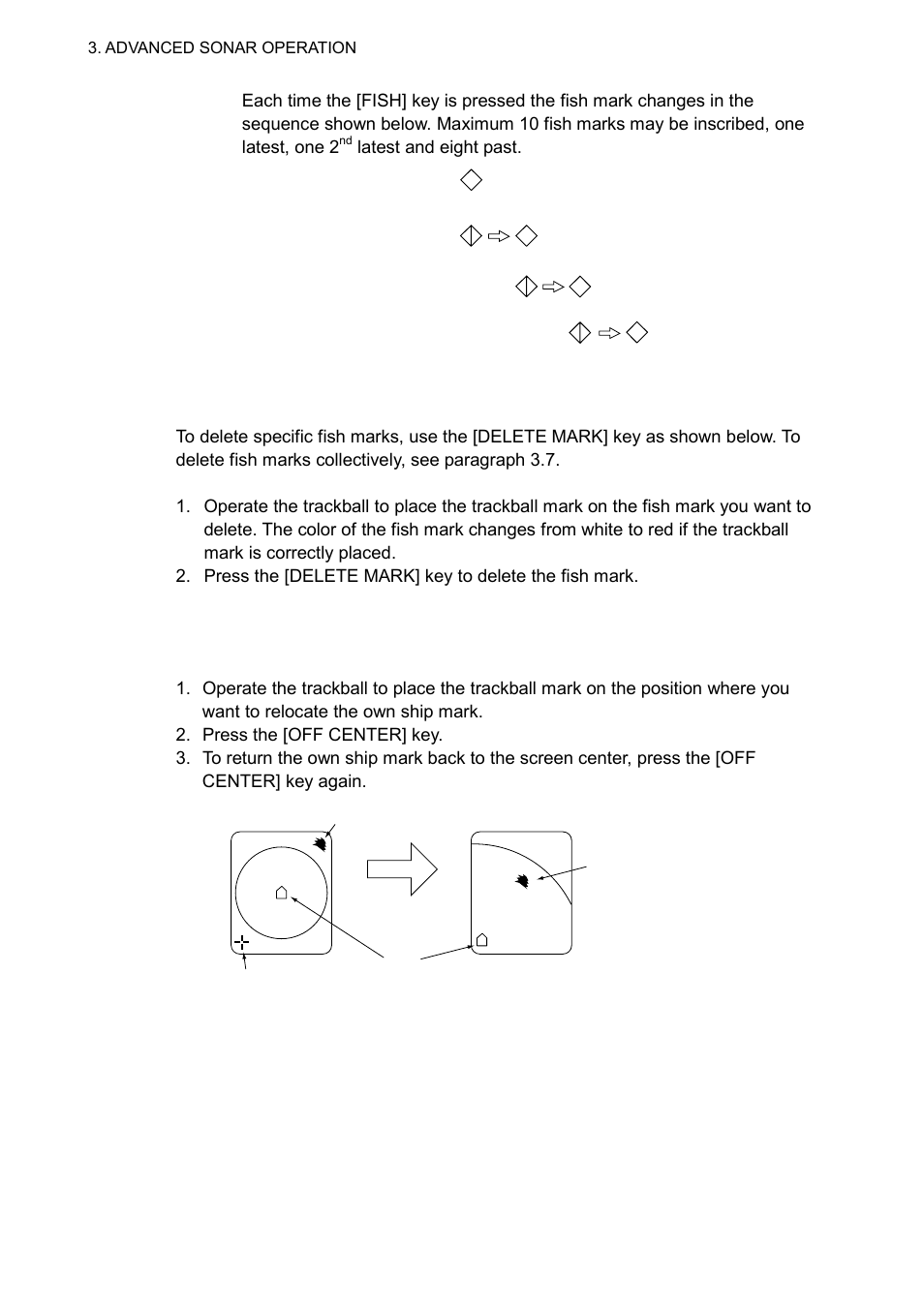 5 relocating fish school for easy observation, 2 deleting individual fish marks | Furuno CSH-5L/CSH-8L User Manual | Page 42 / 89