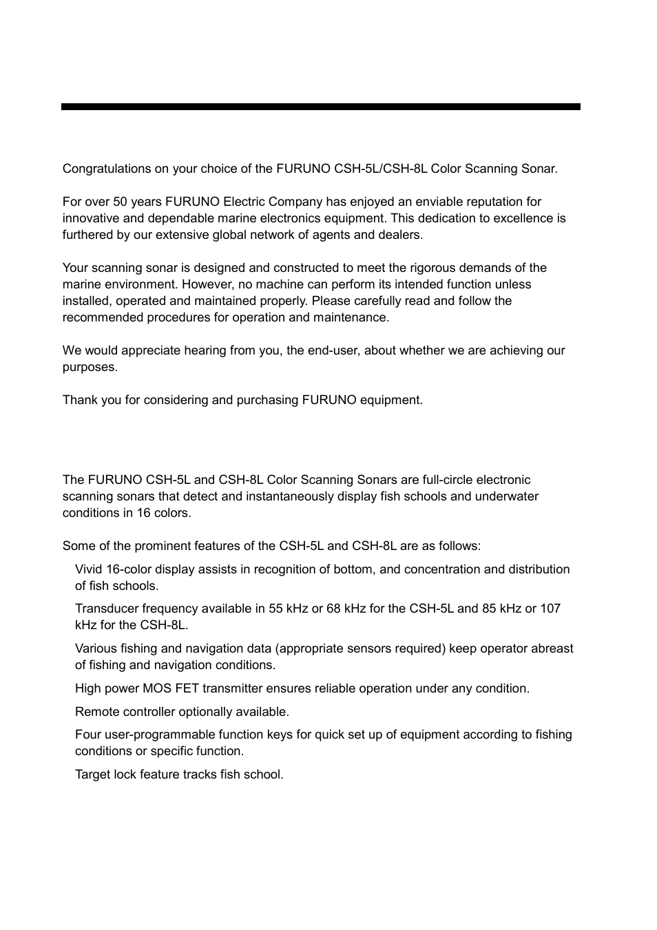 Foreword, A word to the owner of the csh-5l/csh-8l, Features | Furuno CSH-5L/CSH-8L User Manual | Page 8 / 89