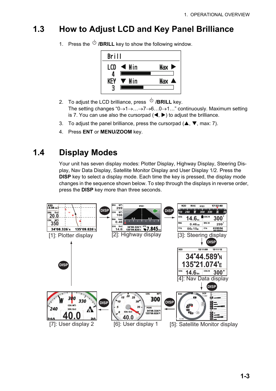 3how to adjust lcd and key panel brilliance, 4display modes, 3 how to adjust lcd and key panel brilliance | 4 display modes, 1]: plotter display, 2]: highway display, 3]: steering display, 4]: nav data display, 5]: satellite monitor display [6]: user display 1, 7]: user display 2 | Furuno GP-33 User Manual | Page 13 / 98