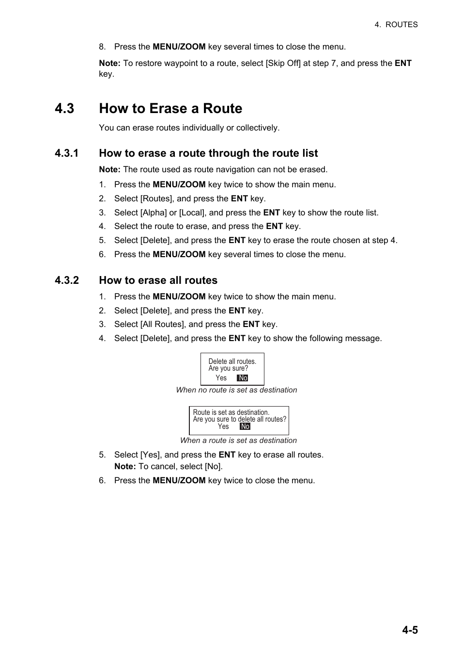 3how to erase a route, 3 how to erase a route, 1 how to erase a route through the route list | 2 how to erase all routes | Furuno GP-33 User Manual | Page 39 / 98