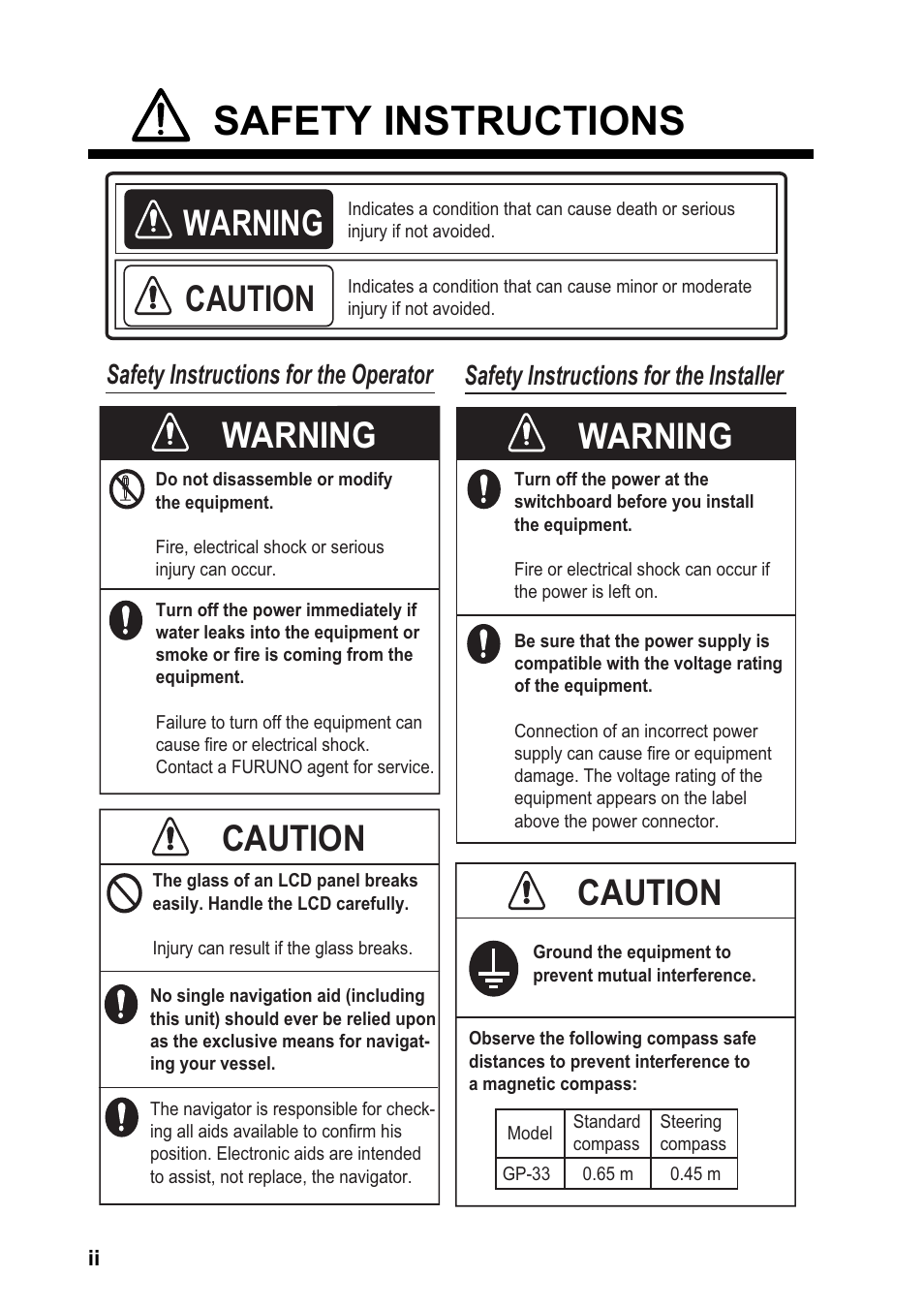 Safety instructions, Warning, Caution | Warning caution | Furuno GP-33 User Manual | Page 4 / 98