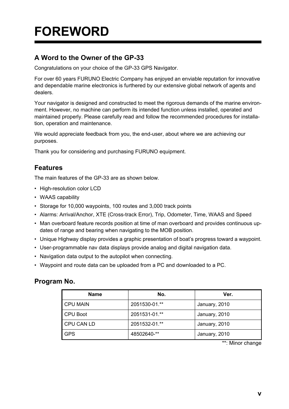 Foreword, A word to the owner of the gp-33, Features | Program no | Furuno GP-33 User Manual | Page 7 / 98
