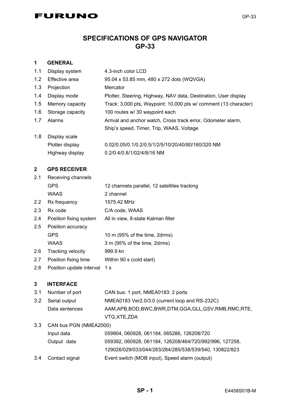 Specifications, Furuno, Specifications of gps navigator gp-33 | Furuno GP-33 User Manual | Page 87 / 98