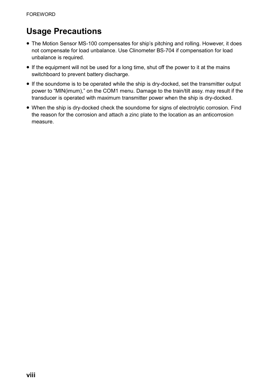 Usage precautions | Furuno CH-270 User Manual | Page 10 / 118